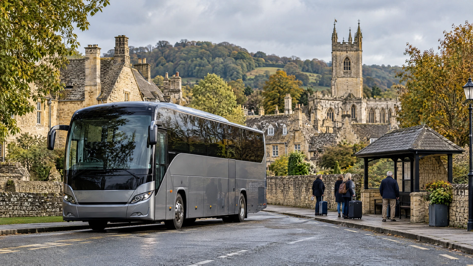 Coach paused near a historic English market town